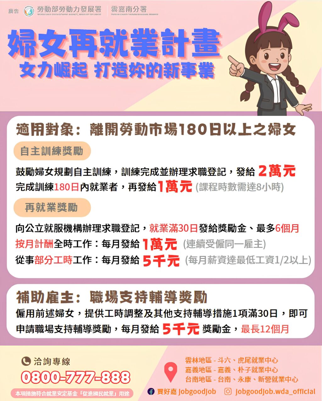 通傳-勞動部放寬及加碼「婦女再就業計畫」資格及獎勵，歡迎符合身分的婦女踴躍提出申請