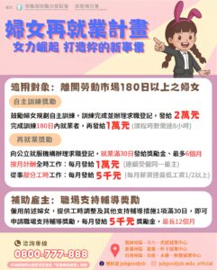 通傳-勞動部放寬及加碼「婦女再就業計畫」資格及獎勵，歡迎符合身分的婦女踴躍提出申請