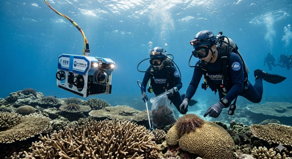 圖二、海管處將與科技進行結合，導入水下無人載具(ROV)進行棘冠海星的監測與調查。(AI生成示意圖)
