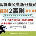 新冠疫情仍處流行期　衛生局籲6歲以上未滿50歲民眾9月9日前公費接種